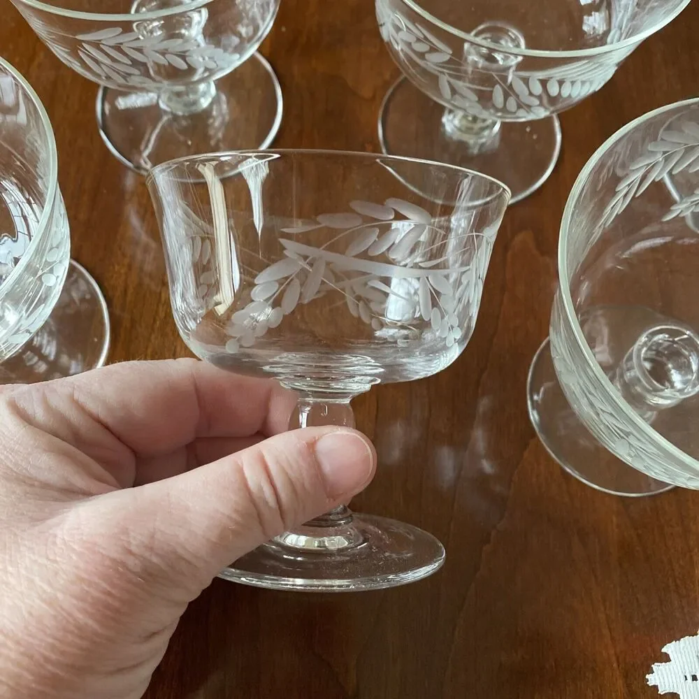 Sasaki Japan SAS28 Low Sherbets Clear Etched Crystal Mid Century Elegant Set (6)